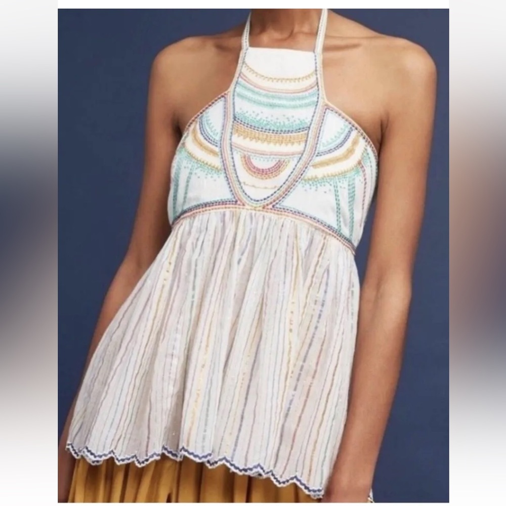 Anthropologie Floreat Itzel Embroidered Metallic Stripe Halter Top Size 6